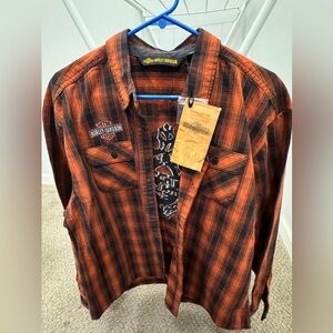 Harley Davidson Women's 2XL Oak Leaf Embroider Flannel Button Orange Black NWT